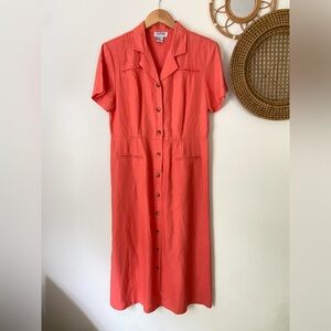 Button-Front Coral Midi Dress